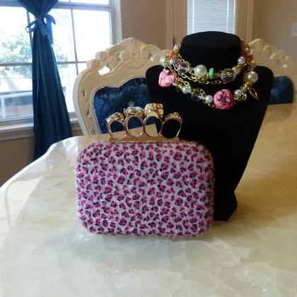 Skull Knuckle Ring Box Leopard Pink Faux Horse Fur..