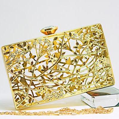 Milanblocks Gold Metallic Hardcas Evening Clutch Party Art Designer Baroque Minaudeire Bags Wedding Purse Flower Chain Handbags