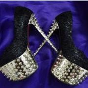 PUMP Platform Studded Spike Glitter Stilettos Gold High Heels Party Lace Shoes