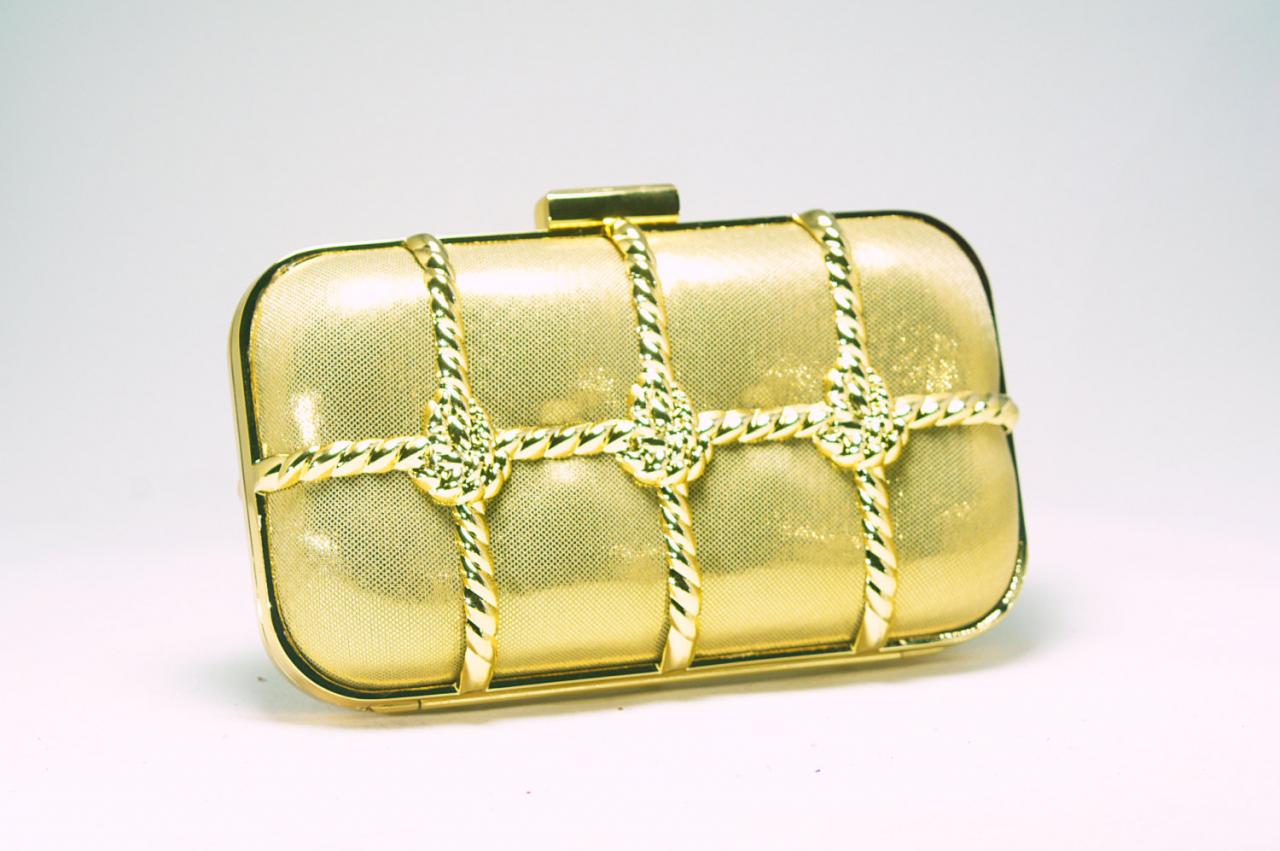 Milanblocks Binding Metal Minaudiere Clutch Evening Knot Runway Fashion Party Handbags Purses Bridal Super Fashion Gold Strappy Bags