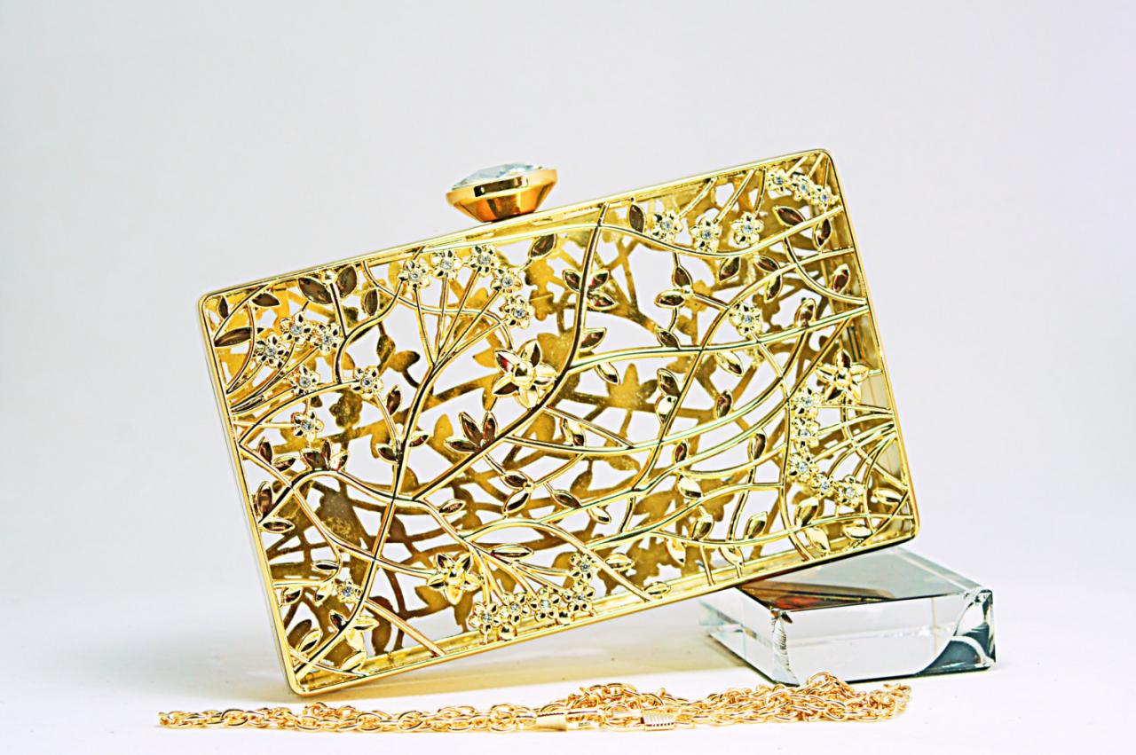 Milanblocks Gold Metallic Hardcas Evening Clutch Party Art Designer Baroque Minaudeire Bags Wedding Purse Flower Chain Handbags