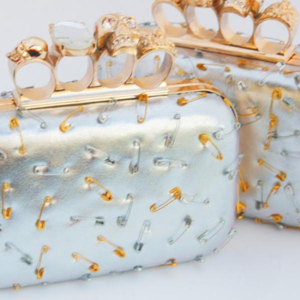 Milanblocksfashion Skull Ring Silver Pin Embossed Clutch Party Wedding