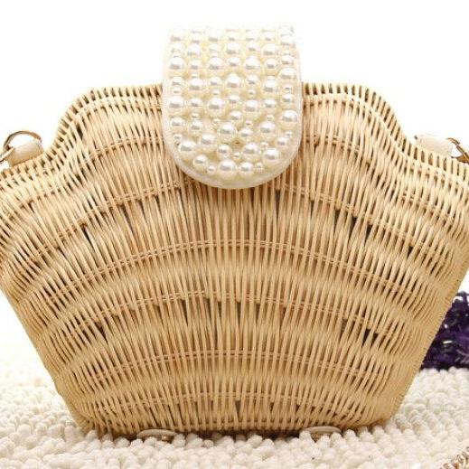 Vintage Retro Shell Bead Clutch Rattan Hardware Clutch Beach Handbag