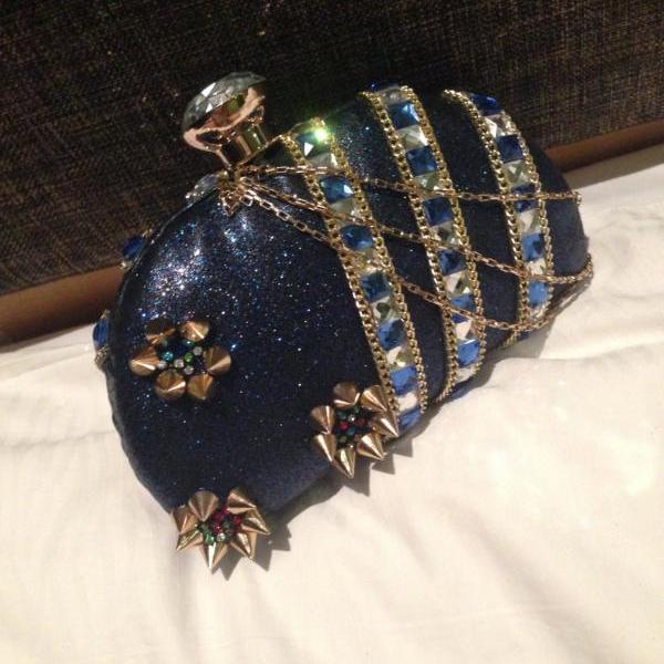 Super Italy Desinger Crystal Spike Rivet Bling Box Clutch Fashion Loyal Blue Handbag Purses